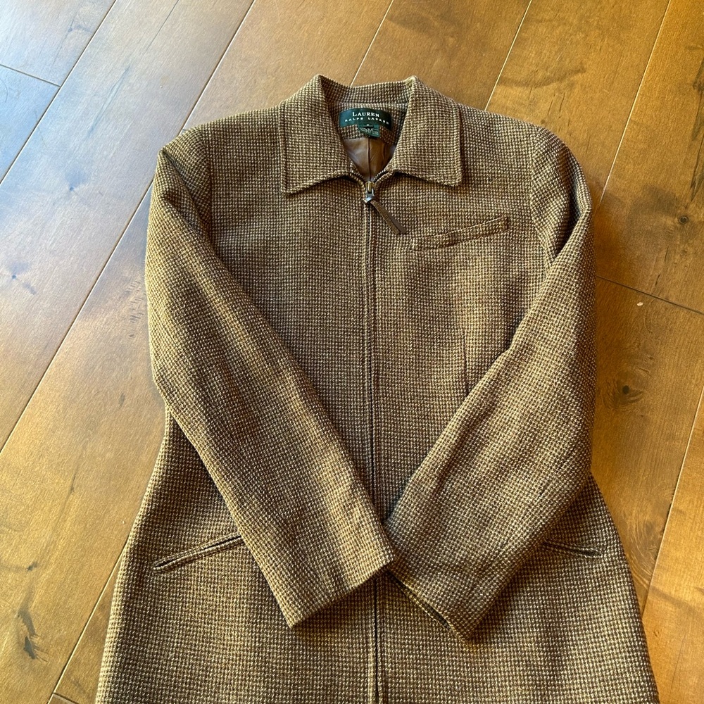 Lauren Ralph Lauren 100% Wool Brown Tweed Houndstooth Jacket Zip Classic Vintage